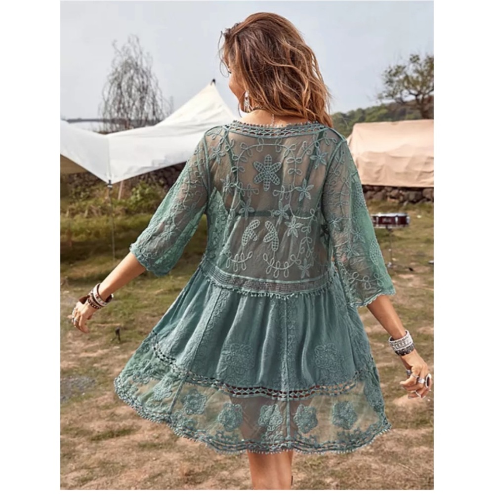 New Bohemian V Neck Crochet Mesh Dress - Picture 5 of 5